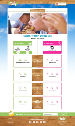 Capture d'écran de la page 'La restauration' avec photo et détails des offres de snacks.