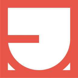 L'image présente un logo minimaliste de couleur corail sur un fond blanc. Le design combine des formes géométriques, notamment un carré incomplet et u...