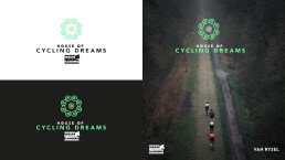 Présentation du logo Van Rysel dans différents contextes visuels, incluant une photo de cyclistes.