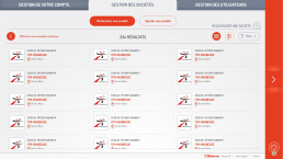 Interface de gestion des sociétés, avec affichage des résultats de recherche sous forme de cartes.