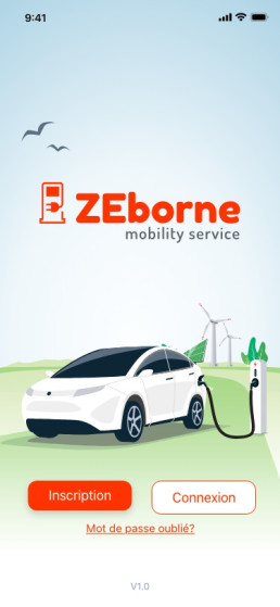 Écran d'accueil de l'application mobile avec le logo ZeBorne et une illustration de voiture électrique en charge.